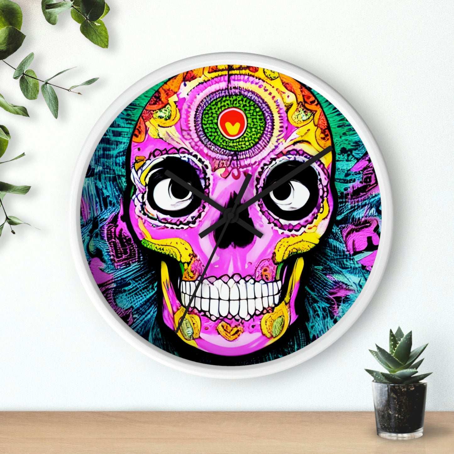 Trippy psychedelic Skull Skeleton Head Face Wall clock