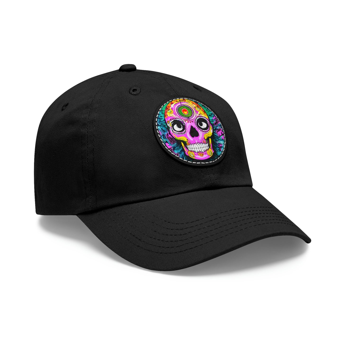 Trippy psychedelic Skull Skeleton Head Face Dad Hat with Leather Patch (Round)