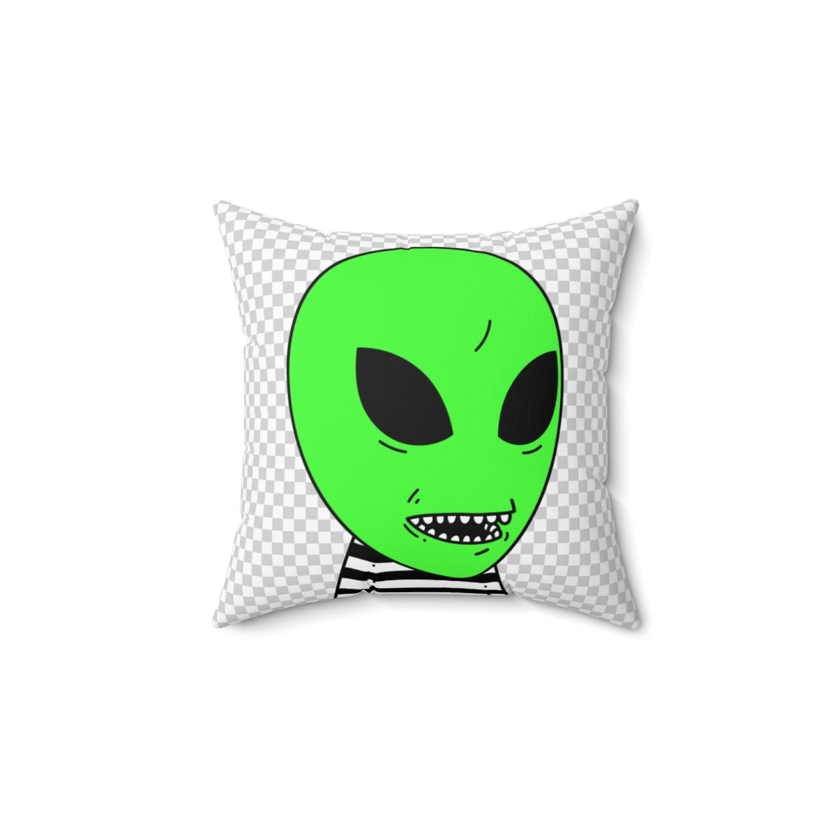 Green Alien Sharp Teeth Mouth Striped Black White Shirt Visitor Spun Polyester Square Pillow