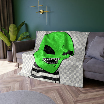 Green Alien Sharp Teeth Mouth Striped Black White Shirt Visitor Crushed Velvet Blanket