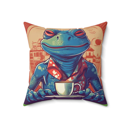 Frog Coffee Drinker Shop old Classic Graphic Spun Polyester Square Pillow