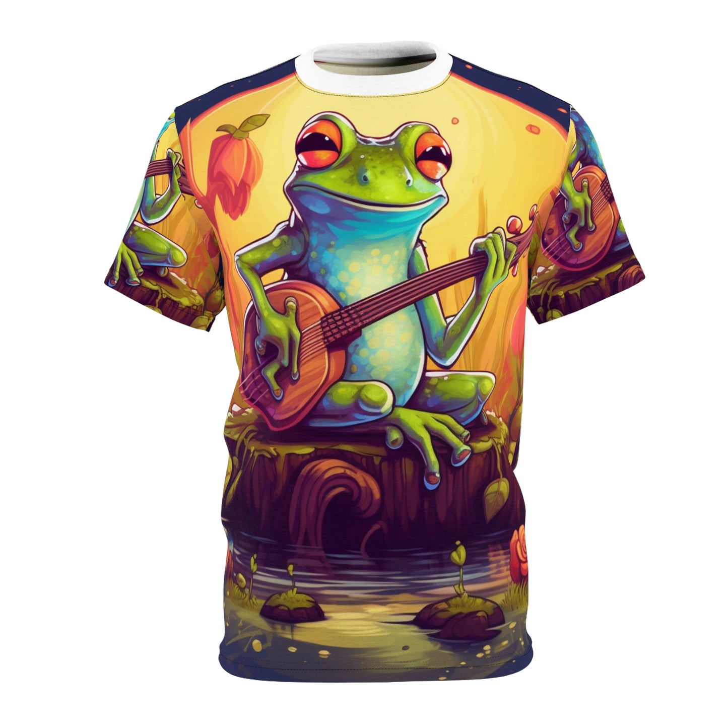 Log Frog tocando instrumento afinar música al aire libre pantano gráfico unisex cortar y coser camiseta (AOP) 