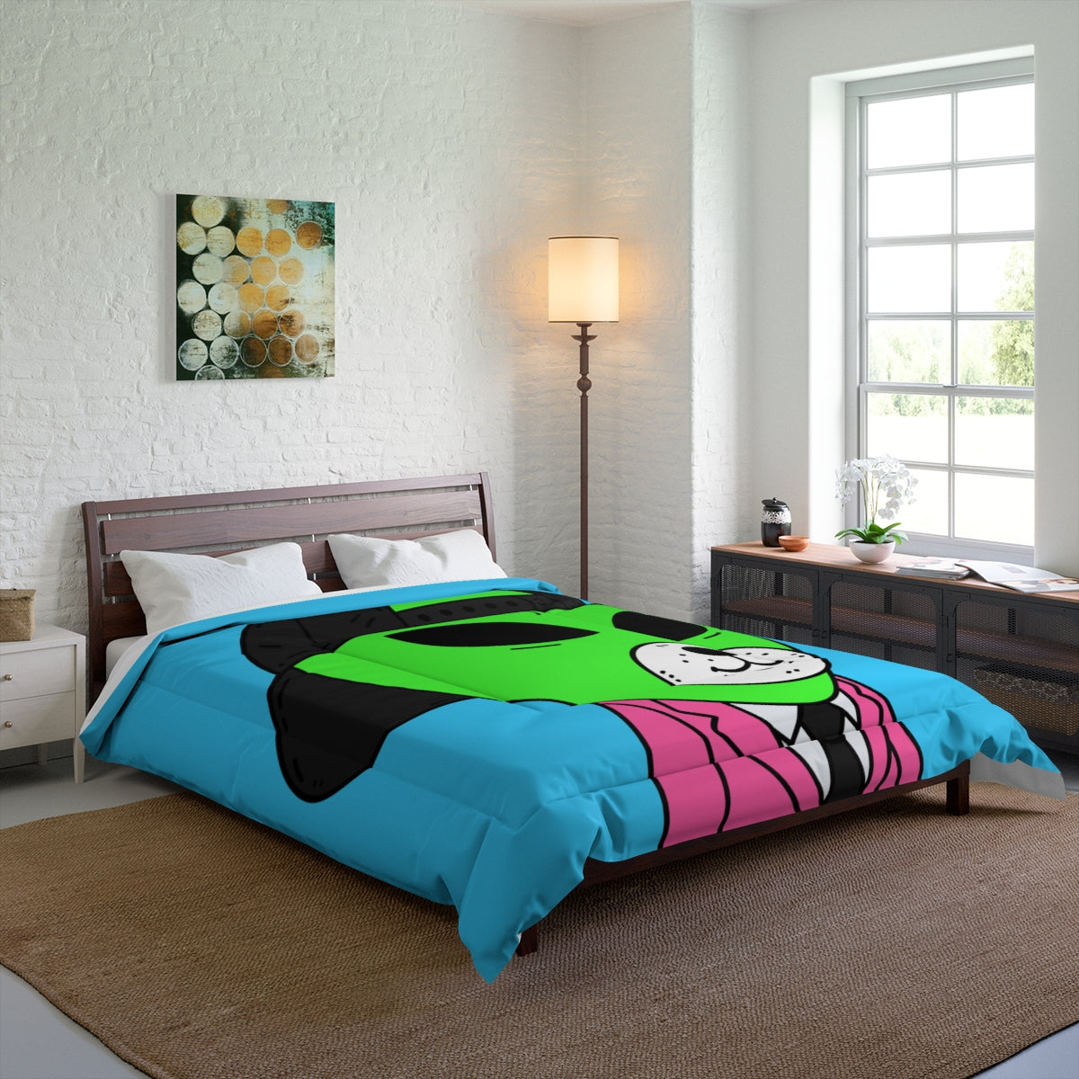 White Bear Dog Face Pink Suit Green Alien Visitor Black Cap Bed Comforter