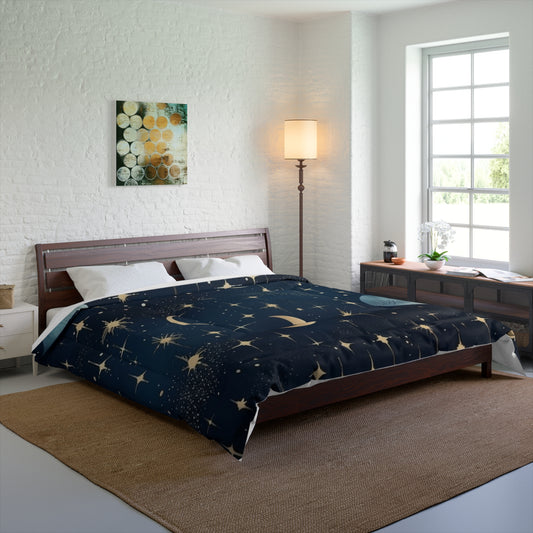 Dreamy Night Sky Celestial Stars Moons Pattern Design Comforter