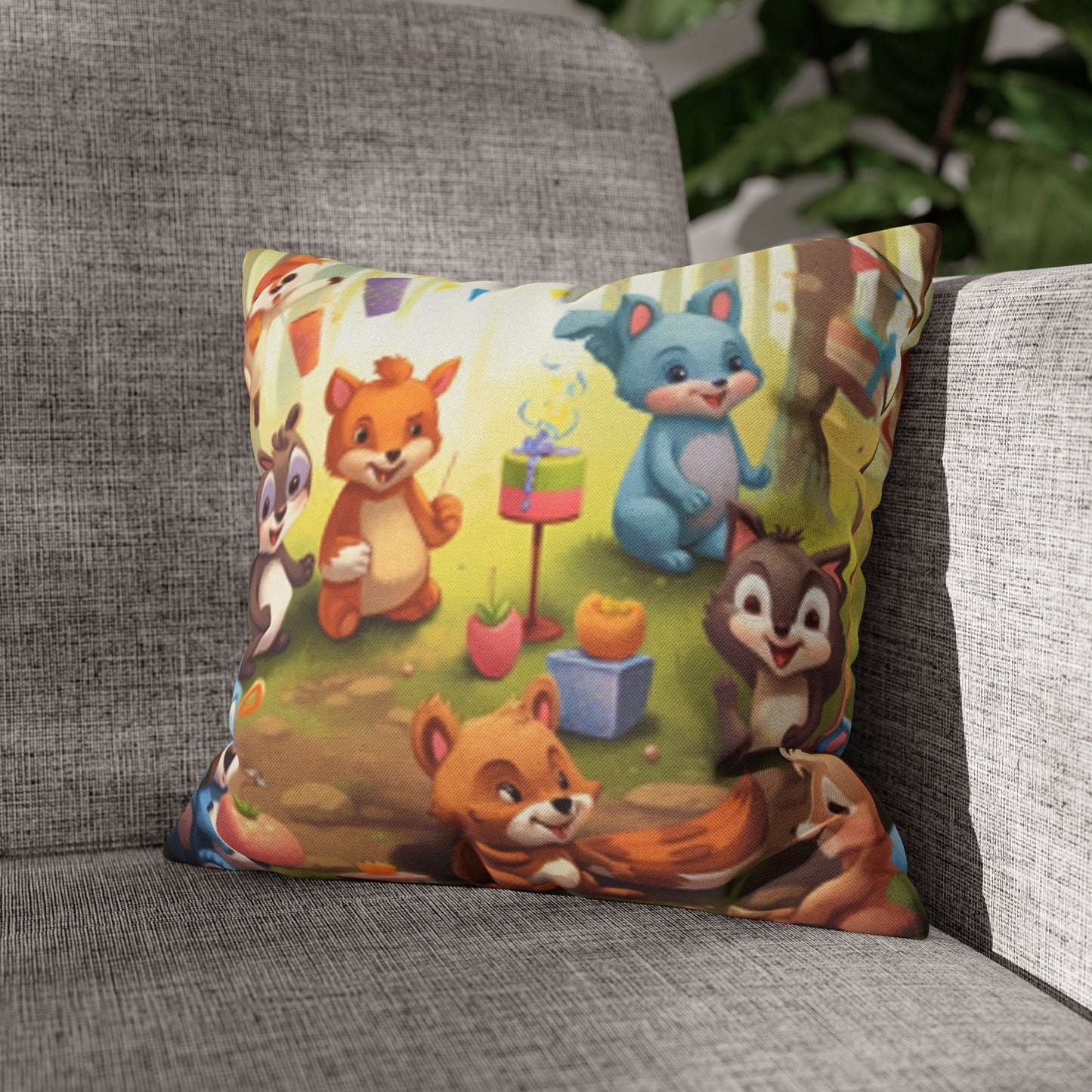 Nursery Art - Cartoon Forest Animals Party Design Spun Polyester Square Pillow Case