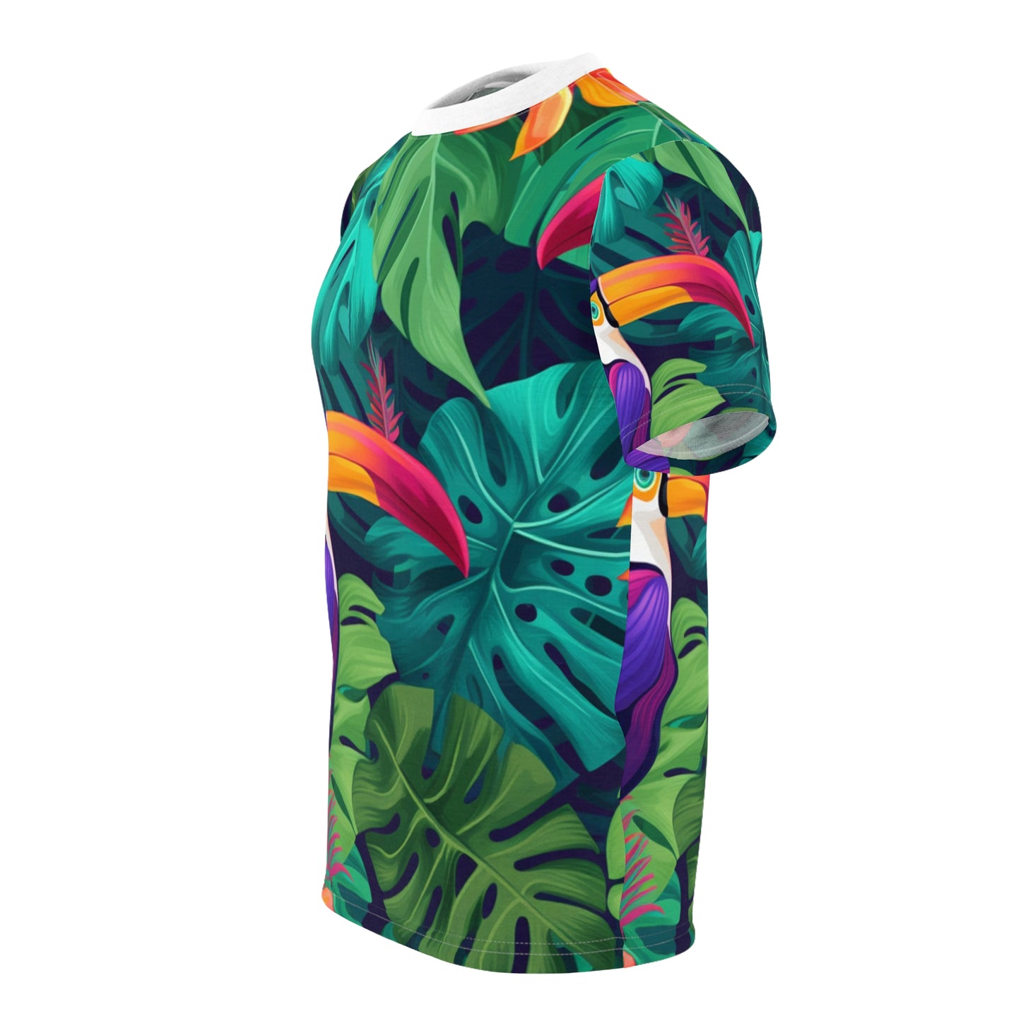 Vivid Tropical Birds & Leaves - Seamless Pattern Unisex Cut & Sew Tee (AOP)