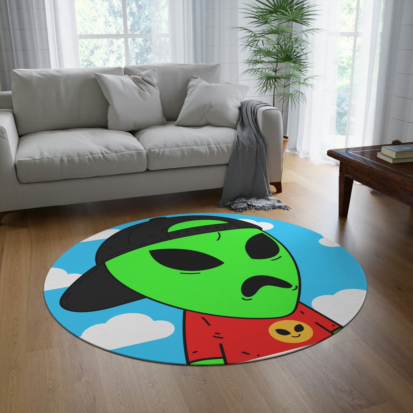 Green Alien Large V Mouth Black Cap Red Visi T Shirt Visitor Round Rug - Visitor751