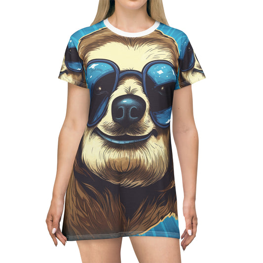 Vestido camisero con diseño de animal perezoso espacial retro (AOP) 