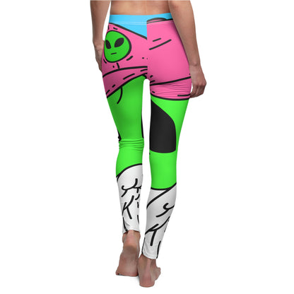 Beard Visitor Pink Hat Alien Cartoon Women's Cut & Sew Casual Leggings (AOP)