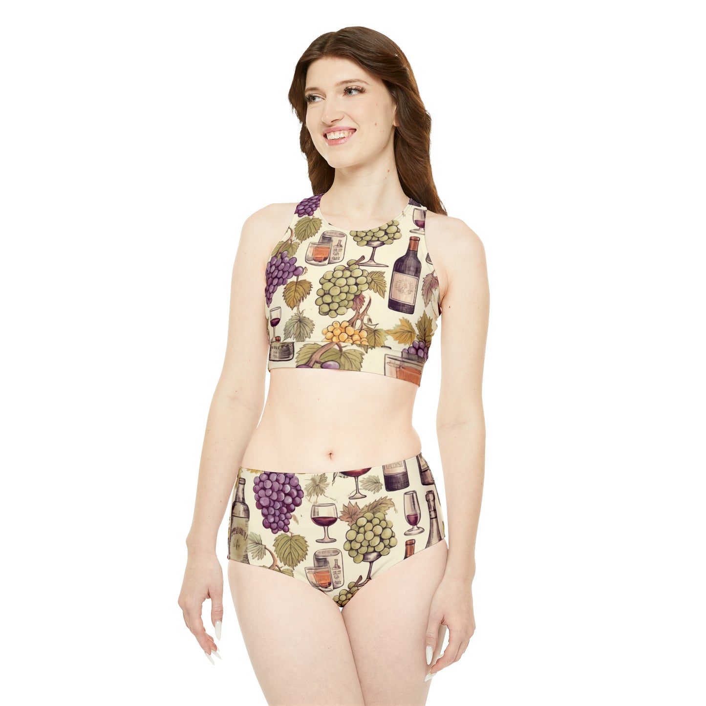 Wine Lovers Theme: Varieties of Wine, Grapes & Vineyards Design Sporty Bikini Set (AOP)