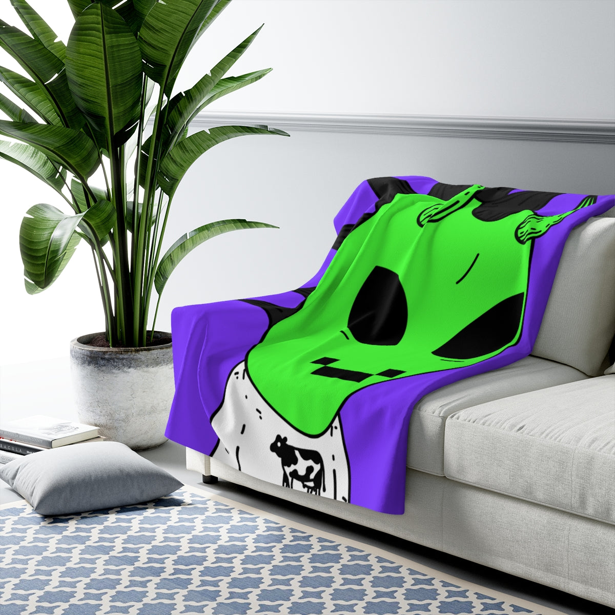 Cow Green Alien Spike Black Hair Digital Smile Visitor Sherpa Fleece Blanket