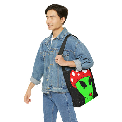 Mushroom Head Green Alien Visitor w/ Red Lips Adjustable Tote Bag (AOP)