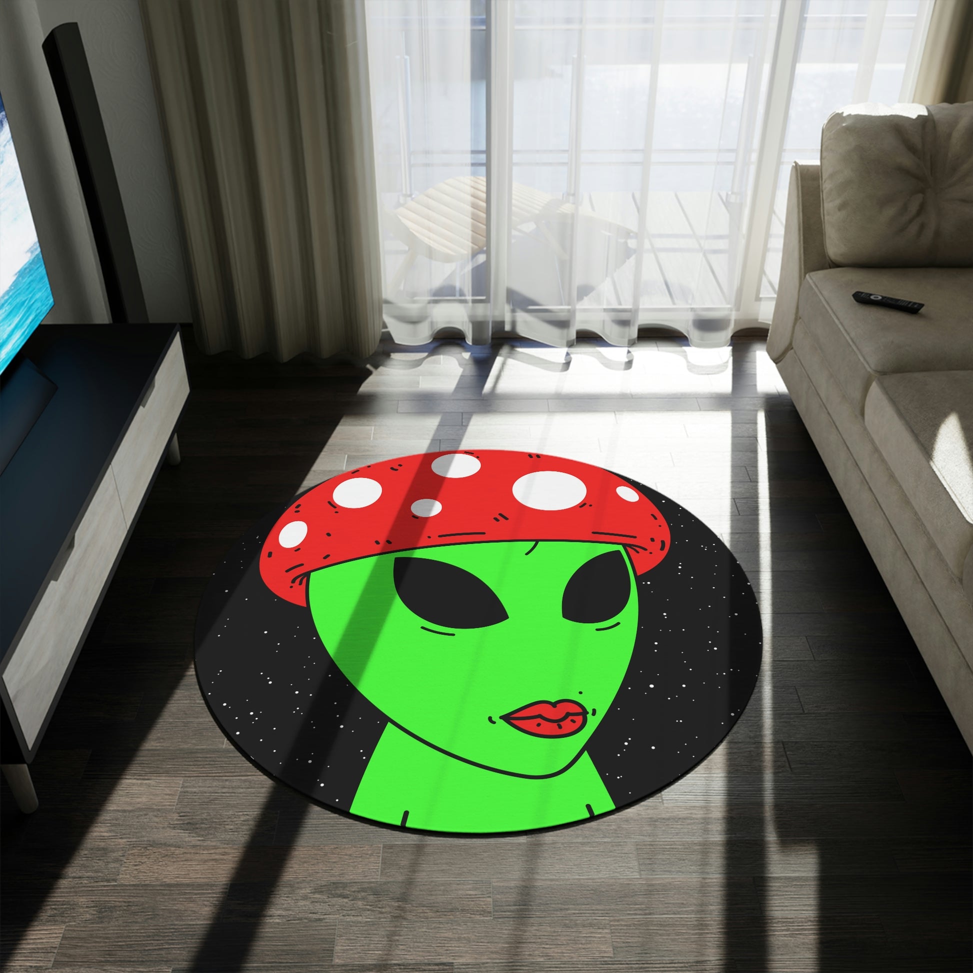 Mushroom Head Green Alien Visitor w/ Red Lips Round Rug - Visitor751