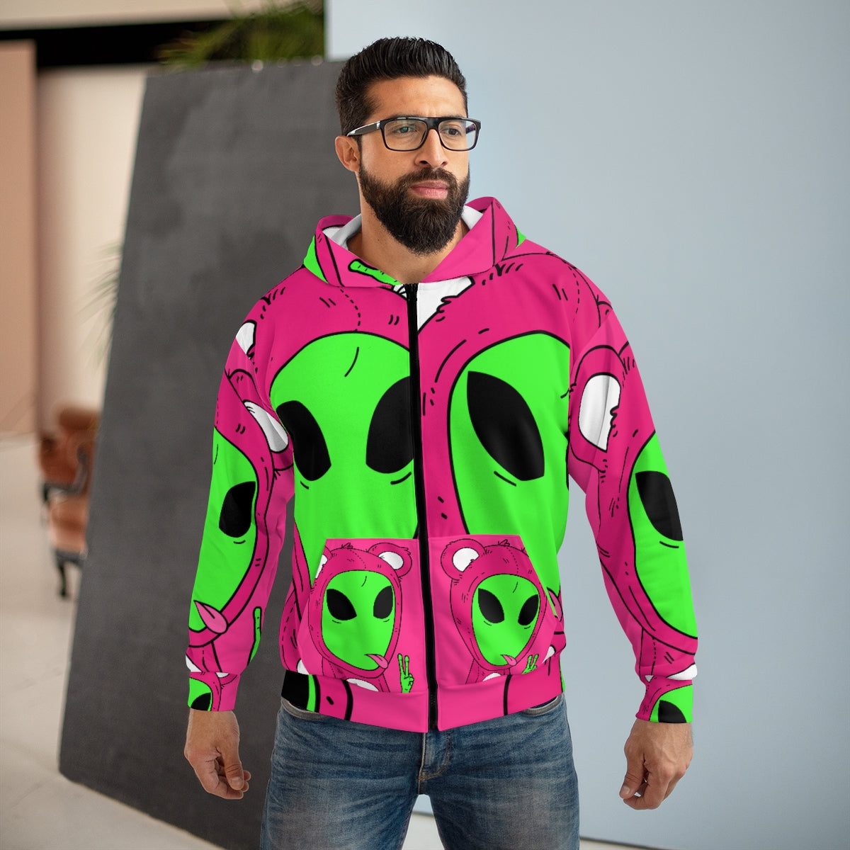 Bear Fuzzy Outfitted Alien AOP Unisex Zip Hoodie