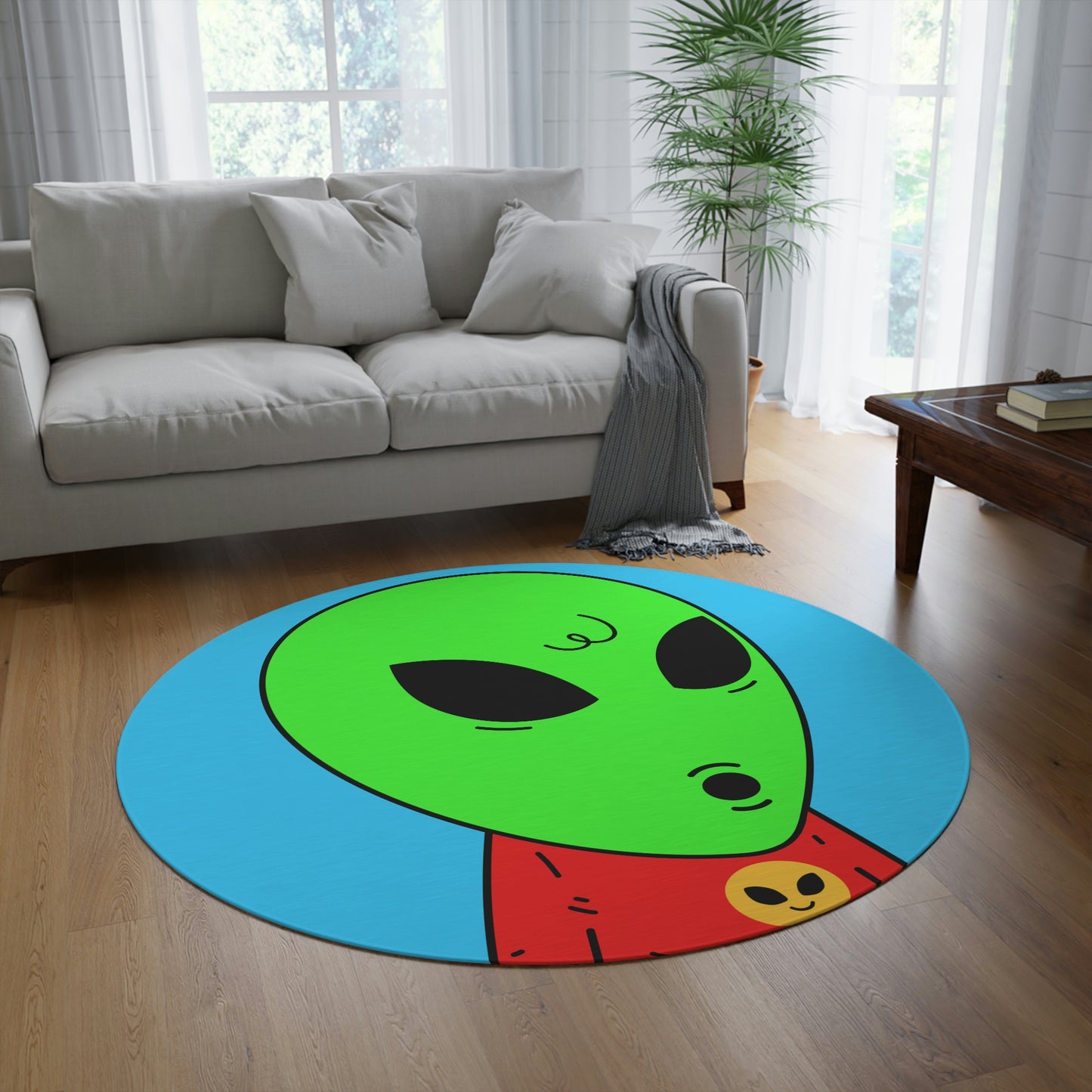 Wow Face Green Alien Visis Red Shirt Round Rug - Visitor751