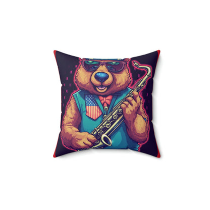 Jazz Stars and Stripes: Celebrate 4th of July with the Patriotic Bear's Saxophone Spun Polyester Square Pillow