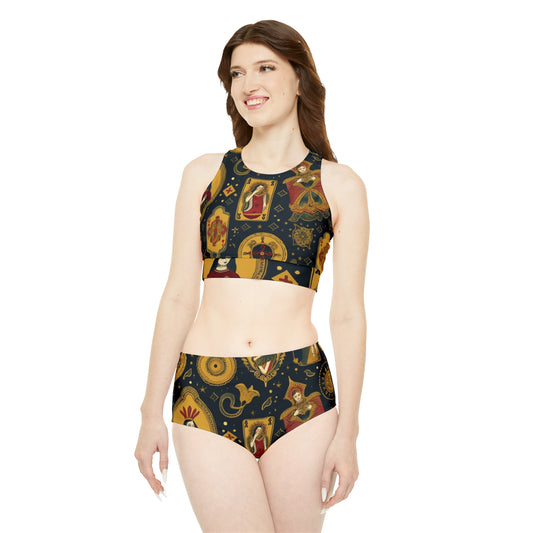 Conjunto de bikini deportivo con diseño inspirado en el arte y el simbolismo de las cartas del Tarot (AOP) 