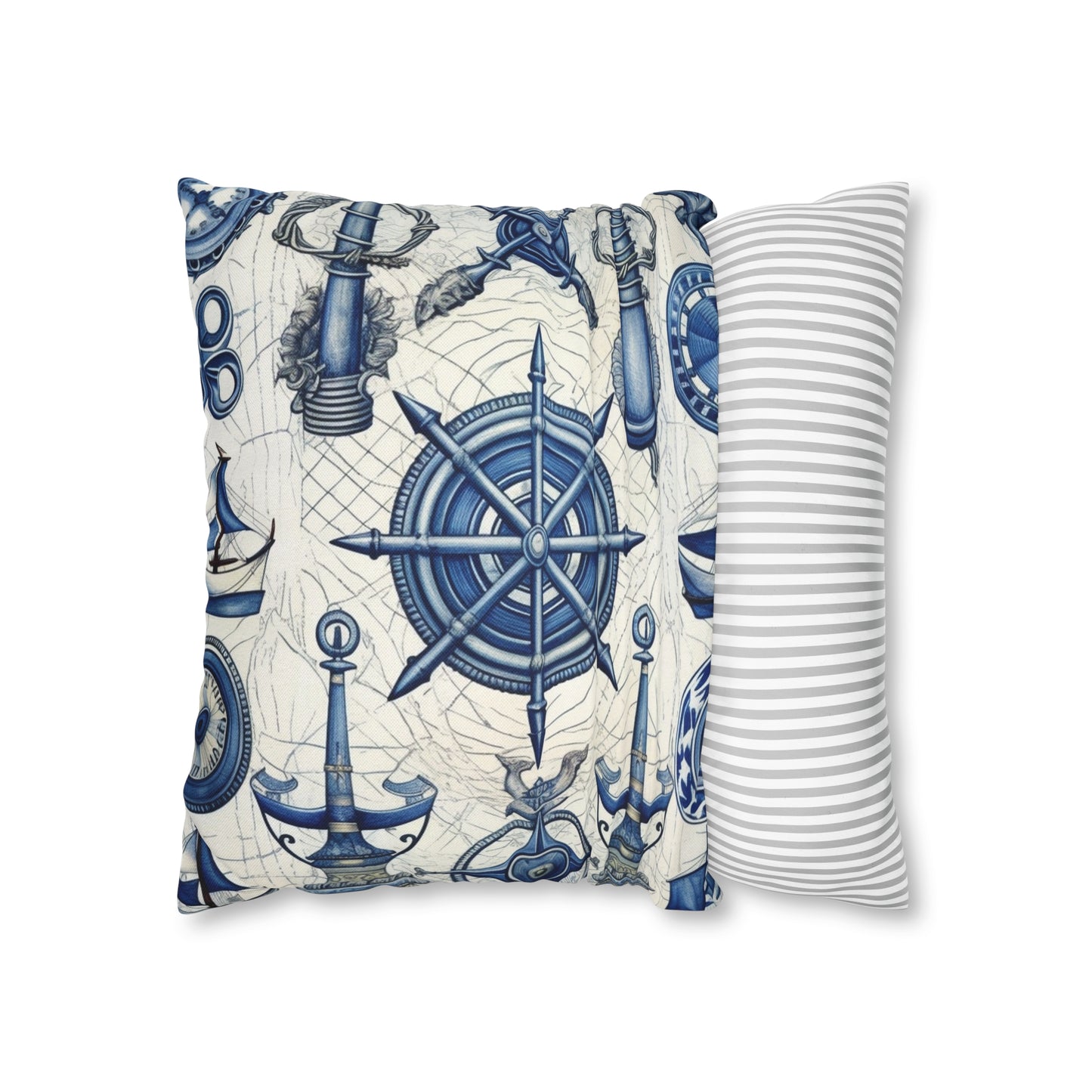 Nautical Theme Art - Anchors, Ropes, Compass Spun Polyester Square Pillow Case