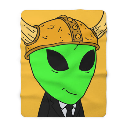 Green Smirk Face Alien Viking Helmet Black Business Suit Visitor Sherpa Fleece Blanket