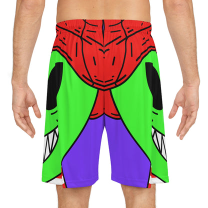 Personaje Alien Dibujos Animados Sombrero Rojo Camisa Rayas Gran Sonrisa Pantalones Cortos Baloncesto 