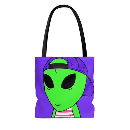 Purple Hat Green Alien Smile Visitor Red White Striped Tank Top AOP Tote Bag