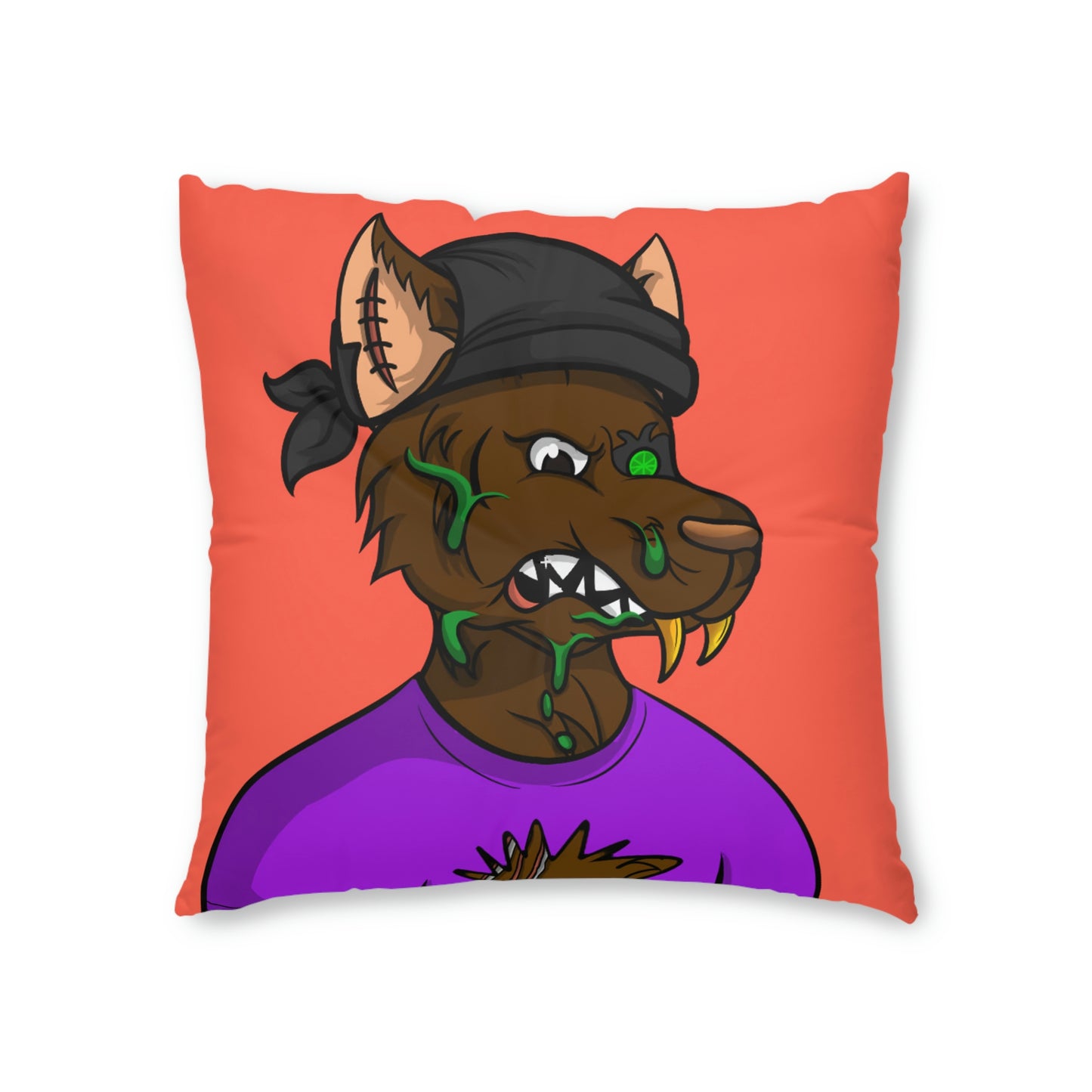 Brown Fur Wolve Cyborg Black Bandana Wolf Tufted Floor Pillow, Square