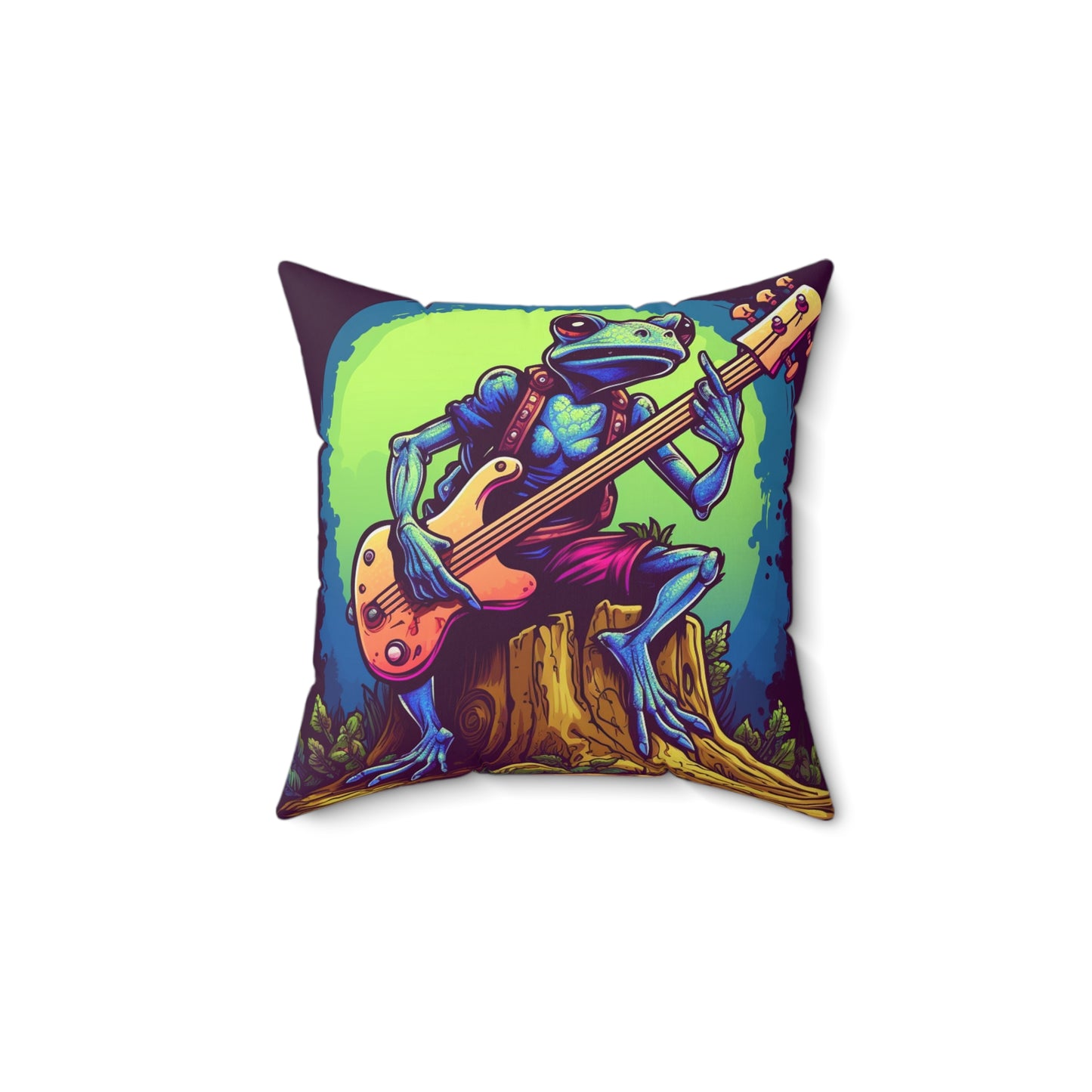 Frog Log Retro Graphic Trippy Musician Instrument Guitar Player Spun Polyester Square Pillow