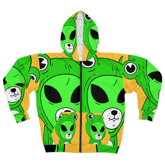 Alien in Green Frog Outfit AOP Unisex Zip Hoodie