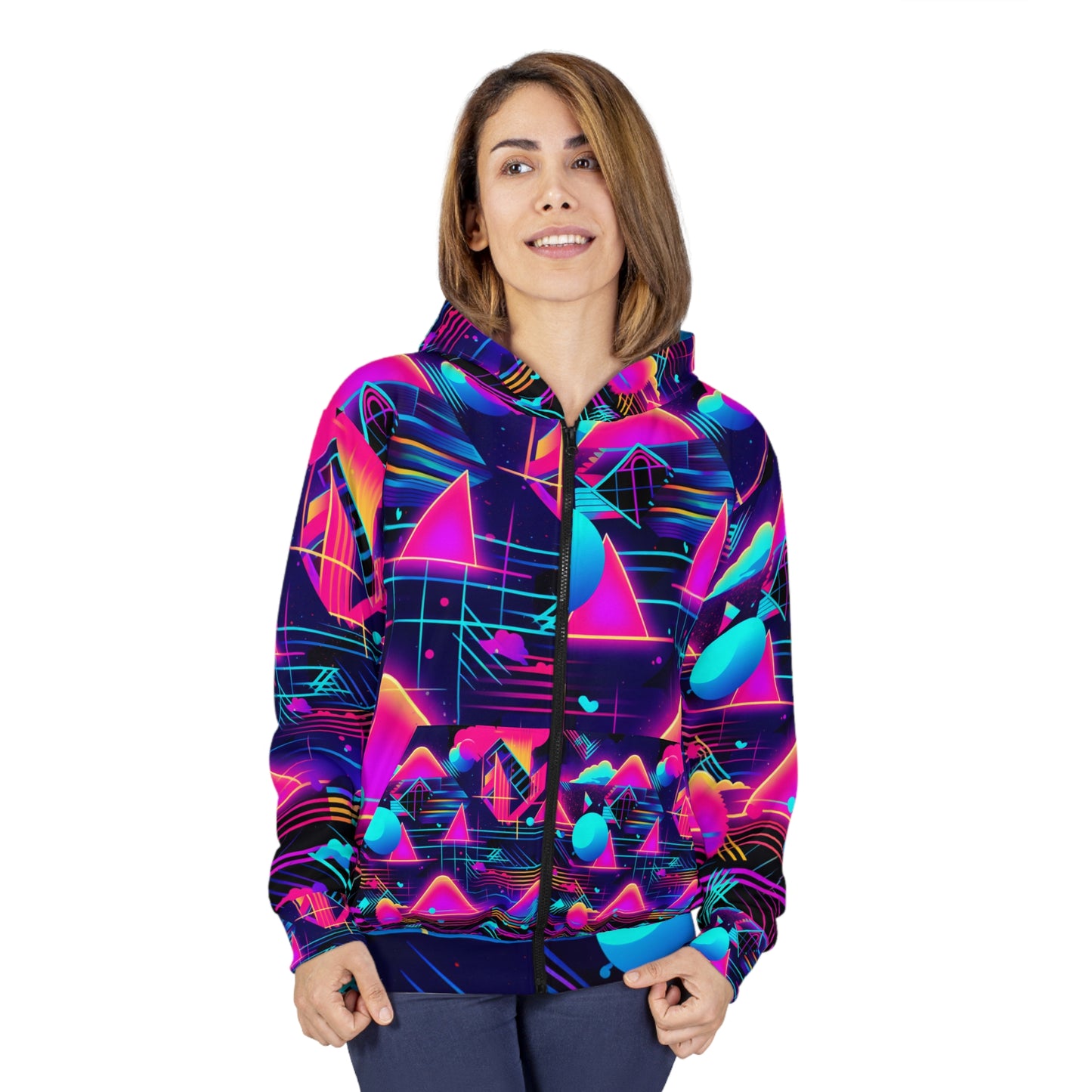 80s Synthwave Retro-Futuristic Inspired Pattern Design Unisex Zip Hoodie (AOP)