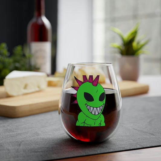 Spiked Pink Hair Muscle Alien Visitor Stemless Wine Glass, 11.75oz