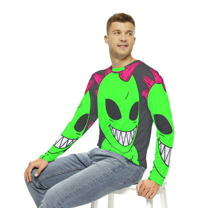 Camisa AOP de manga larga para hombre con pelo rosa con pinchos, gran sonrisa, verde, alienígena, visitante 