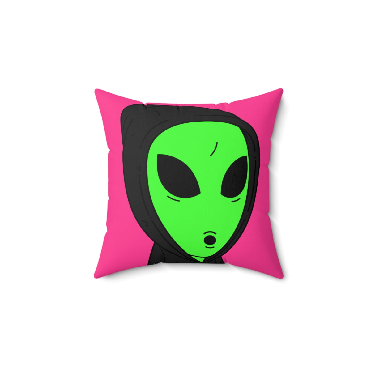 The Visitor Green Alien Black Hoodie Pink Background Spun Polyester Square Pillow