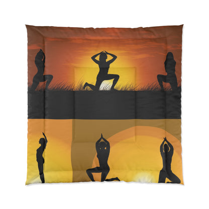 Yoga Poses Silhouette - Tranquil Sunset Art Comforter