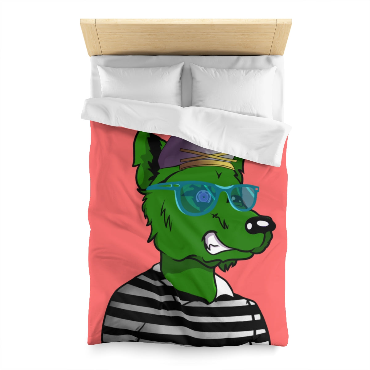 Cyborg Wolf Green Fur Striped Shirt Gold Sailor Hat Blue Glasses Microfiber Duvet Cover