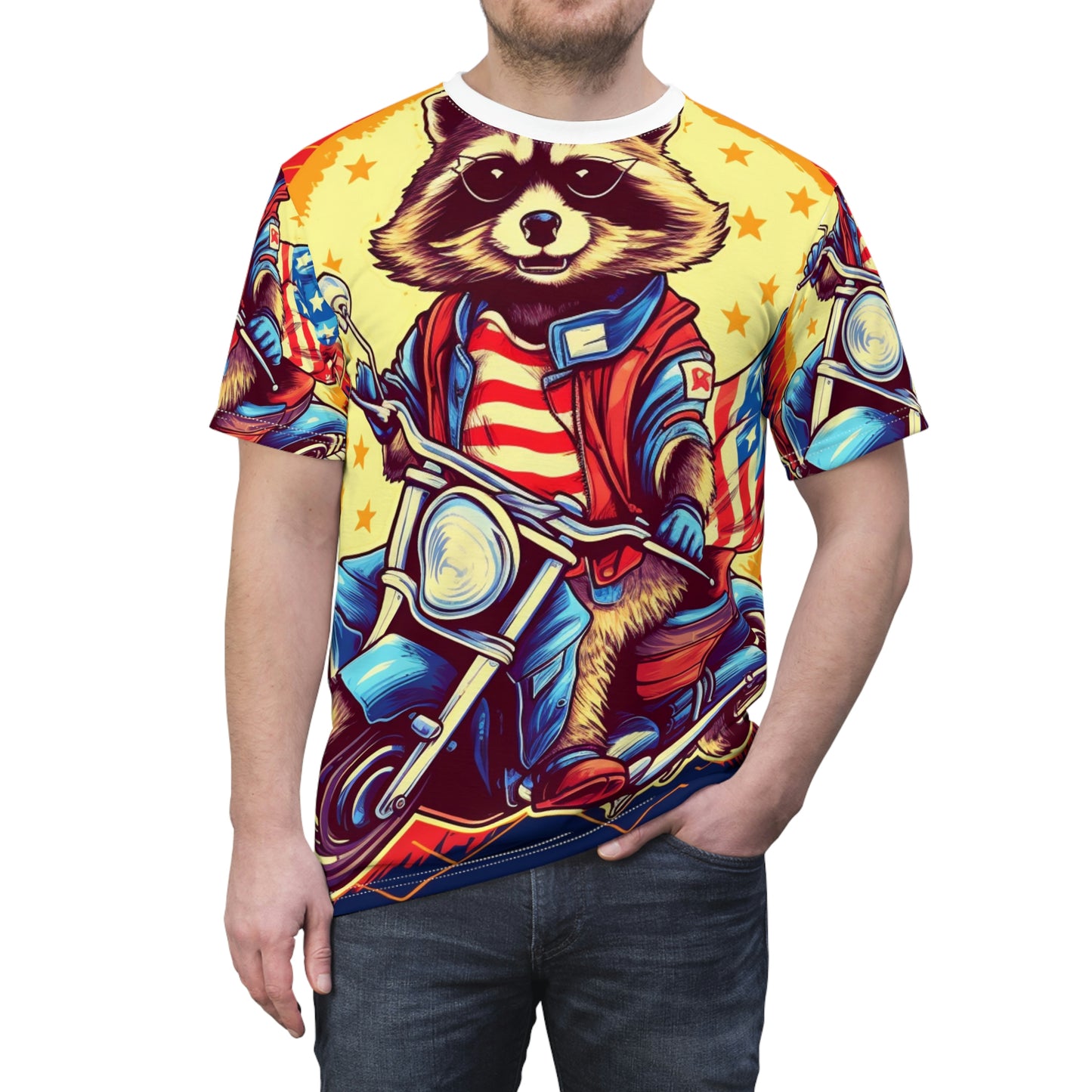 Red White and Blue American Raccoon Biker Motorcyclist Graphic Unisex Cut & Sew Tee (AOP)