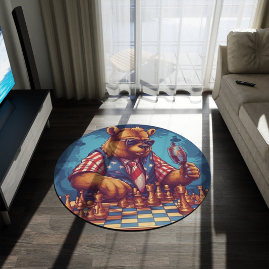 Checkmate Patriotism: Patriotic Bear's Chess Game 4th of July Style Round Rug