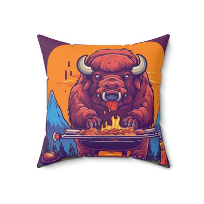 American Bison Grill Cook Food Buffalo Graphic Spun Polyester Square Pillow