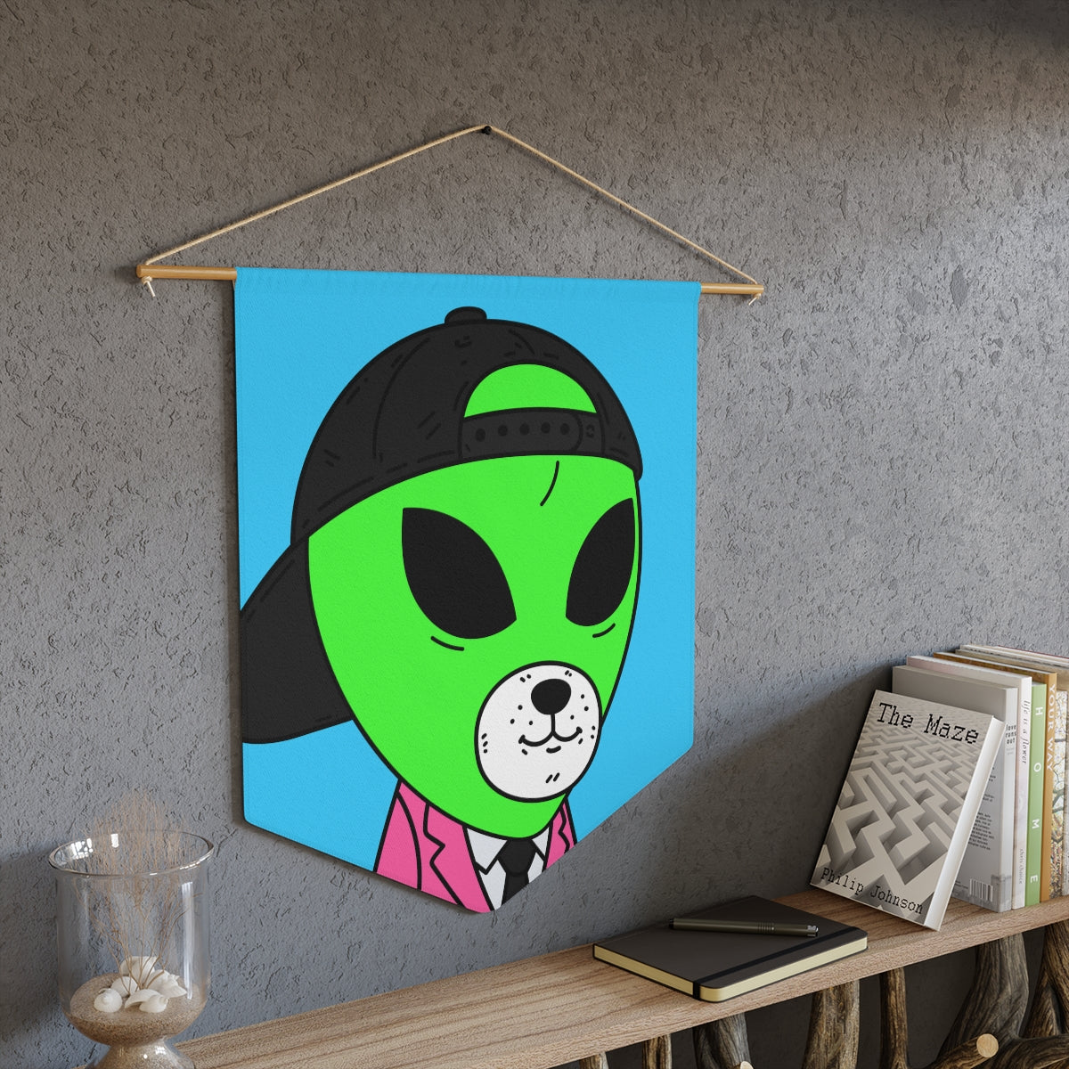 White Bear Dog Face Pink Suit Green Alien Visitor Black Cap Pennant