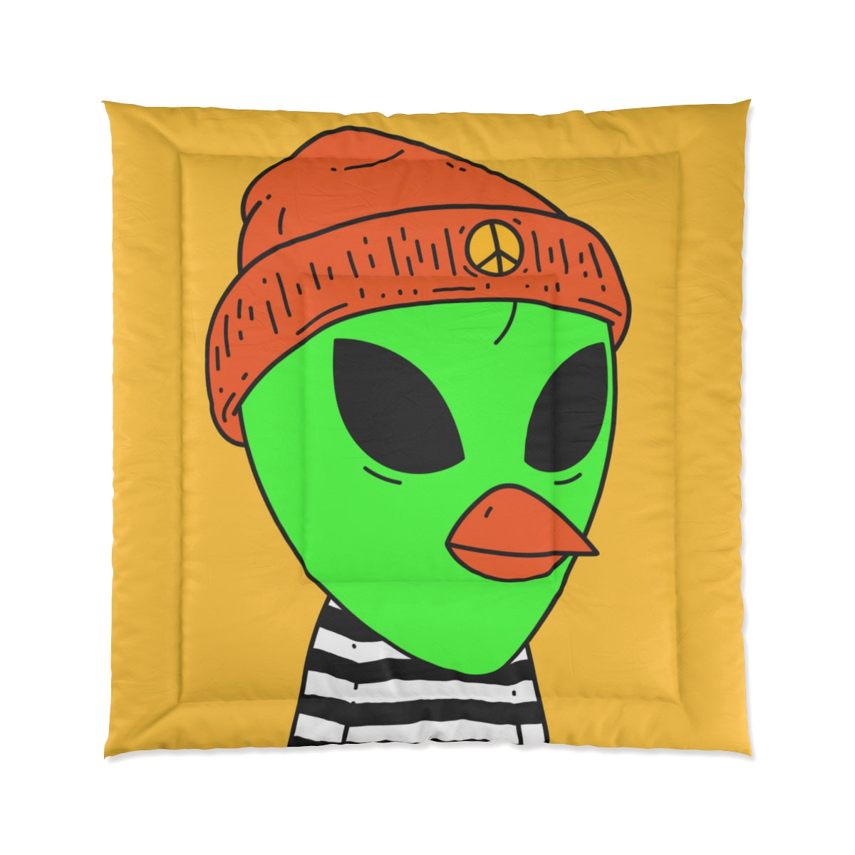 Burb Beak Green Alien Orange Peace Hat Black White Striped Shirt Bed Comforter