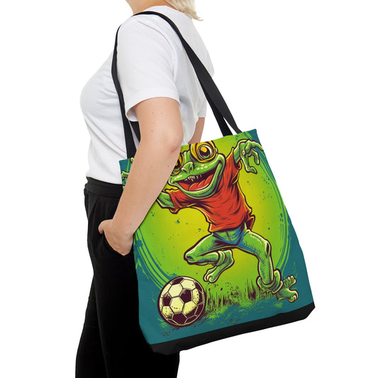 Bolsa de tela con gráfico de jugador de juego de atleta deportivo de fútbol de rana (AOP) 