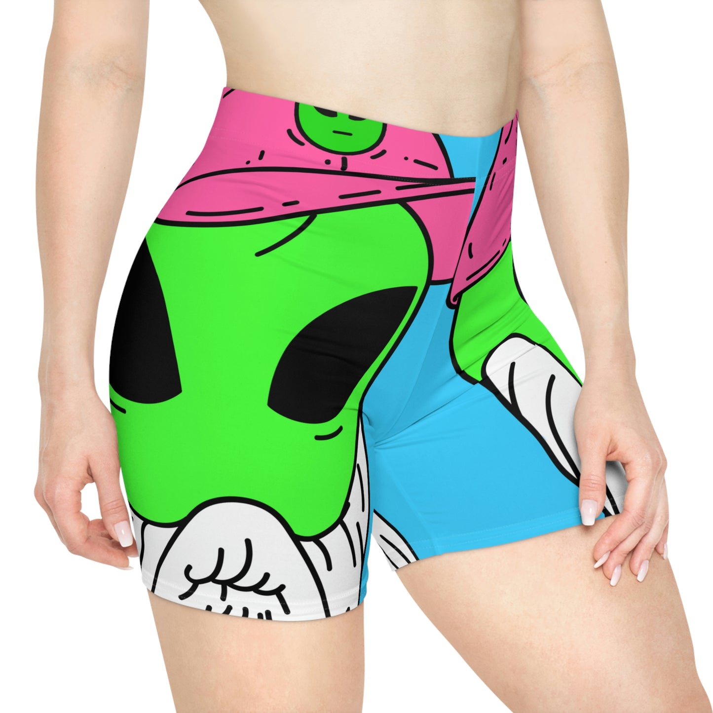 Beard Visitor Pink Hat Alien Cartoon Women's Biker Shorts (AOP)