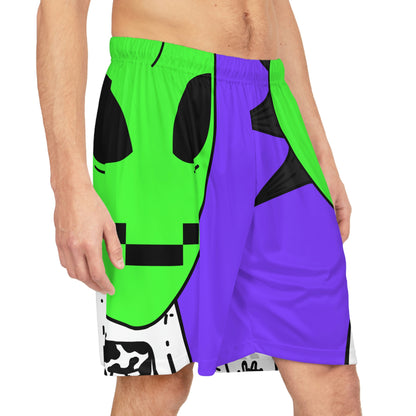 Cow Green Alien Spike Black Hair Digital Smile Visitor Basketball Shorts (AOP)