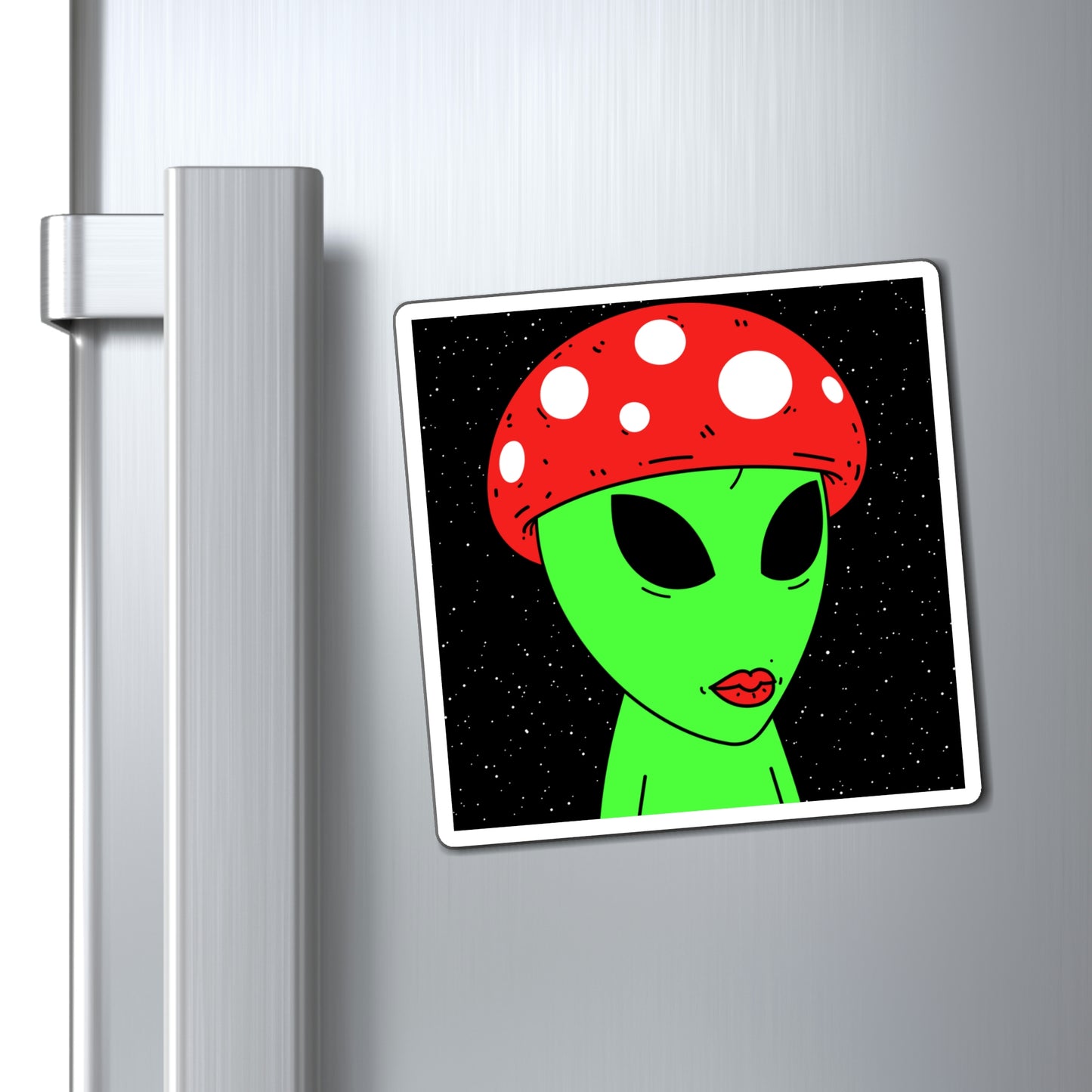 Mushroom Head Green Alien Visitor w/ Red Lips Magnets