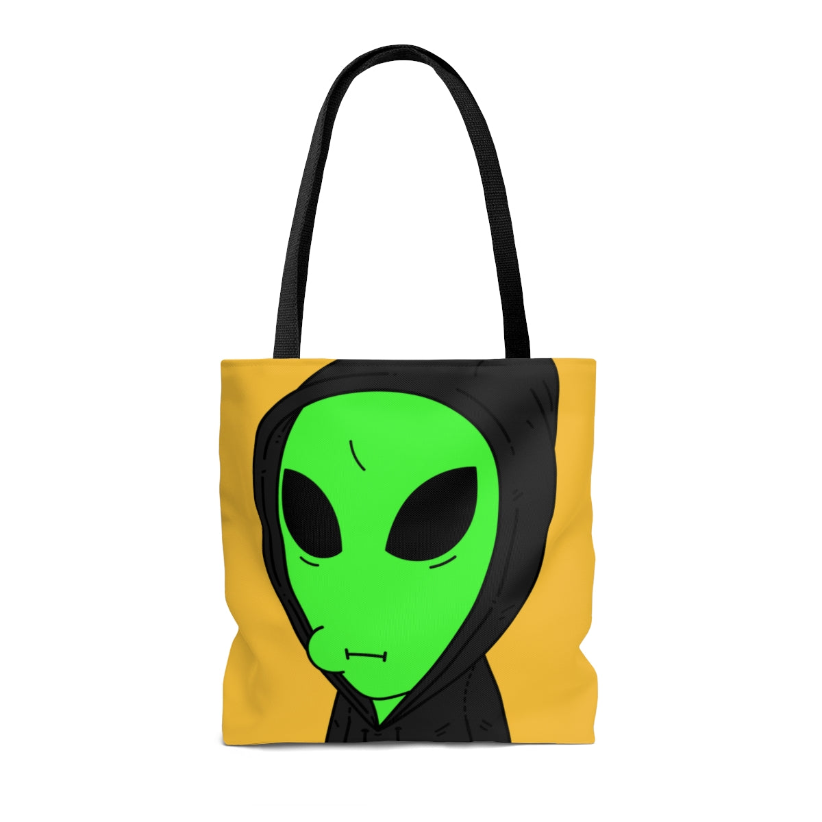 Sudadera con capucha negra alienígena verde Personaje de dibujos animados Visitante AOP Bolsa de tela 