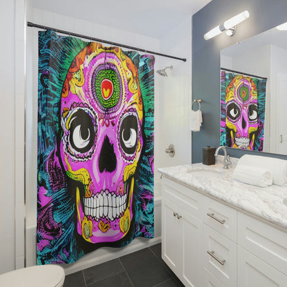 Cortinas de ducha con cara de cabeza de esqueleto de calavera psicodélica trippy 