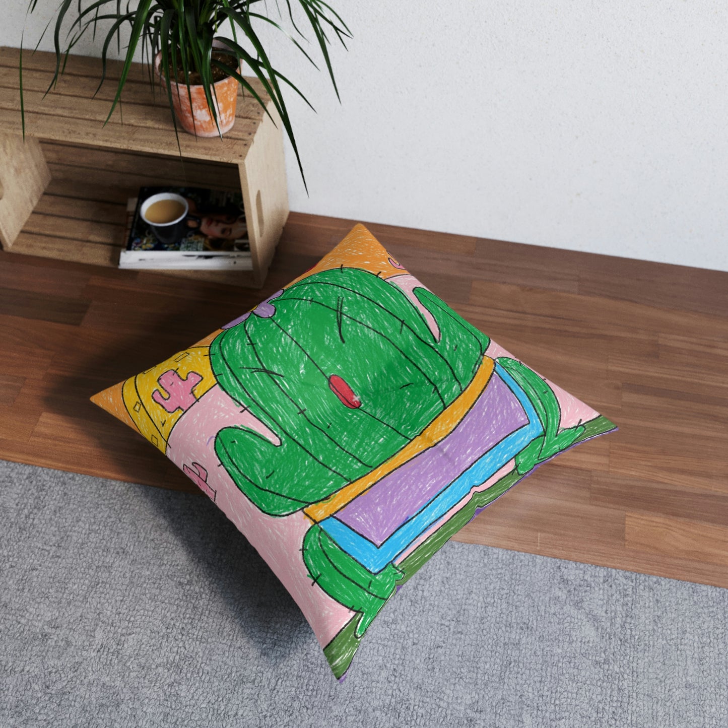 Desert Cactus Sumo Wrestler Graphic Tufted Floor Pillow, Square