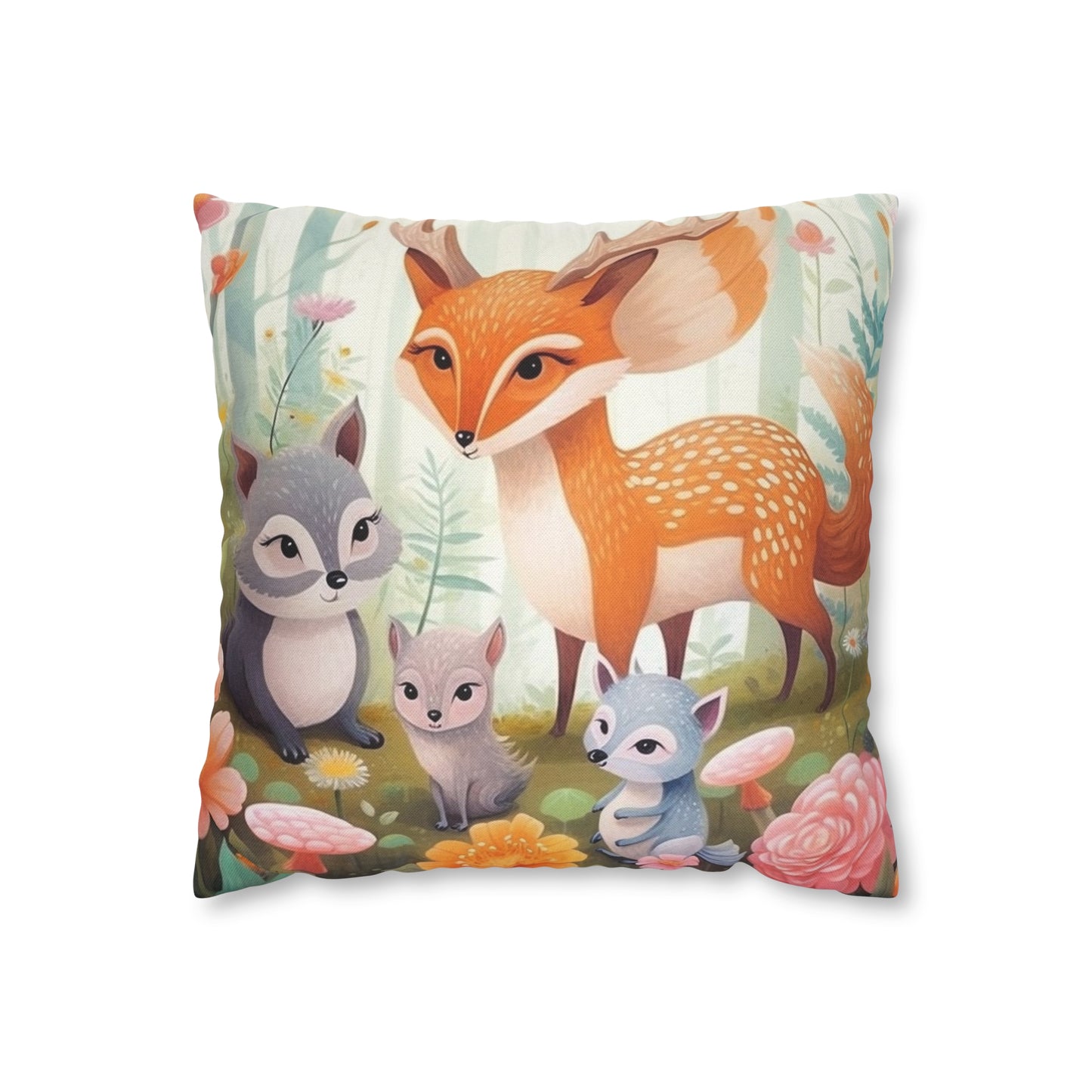 Cute Woodland Creatures Whimsical Animal Art Spun Polyester Square Pillow Case