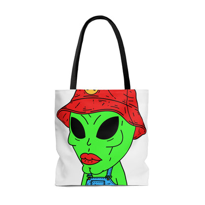 Old Green Alien Strong Chin Red Visi Hat Farmer Trouser Visitor AOP Tote Bag