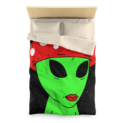 Mushroom Head Green Alien Visitor w/ Red Lips Microfiber Duvet Cover