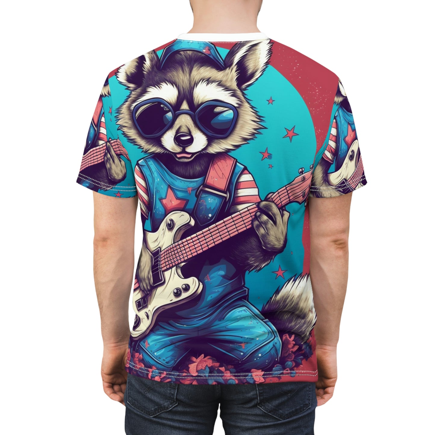 Patriotic Rock 'n' Roll Raccoon: Furry Guitar Player Unisex Cut & Sew Tee (AOP)